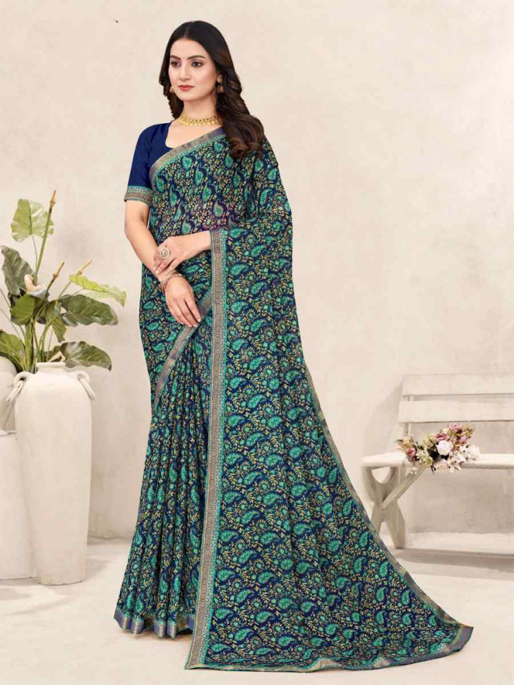 Image of Multi Chiffon Printed Festival Wedding Fancy Classic Style Sarees