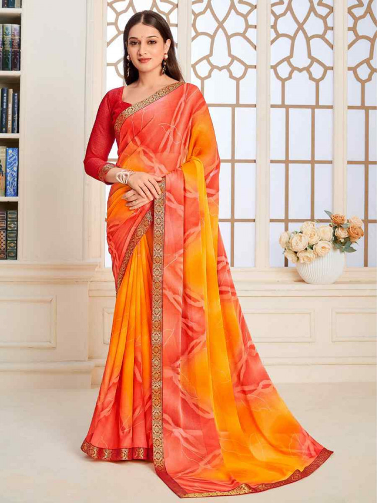 Image of Multi Chiffon Printed Festival Wedding Fancy Classic Style Sarees