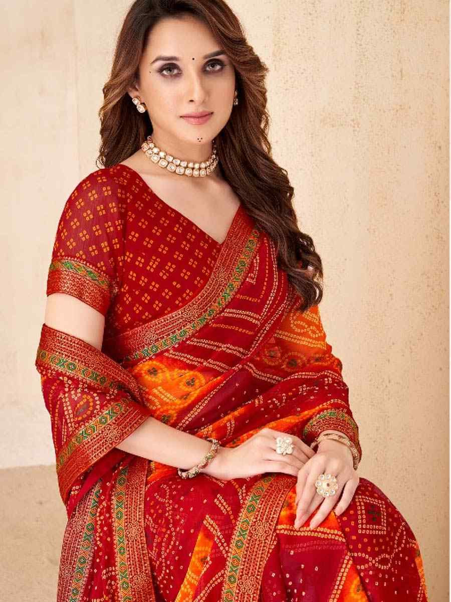 Multi Chiffon Printed Festival Wedding Fancy Heavy Border Saree