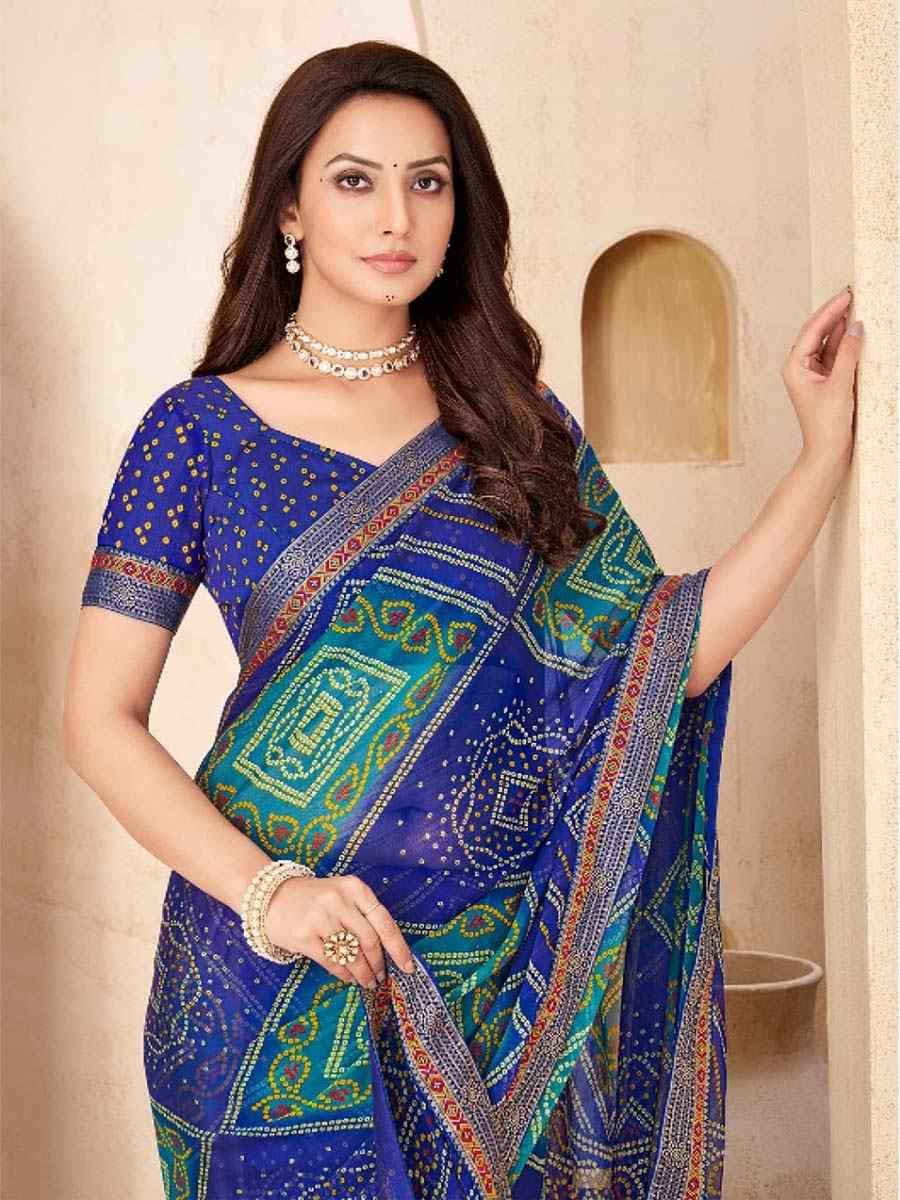 Multi Chiffon Printed Festival Wedding Fancy Heavy Border Saree