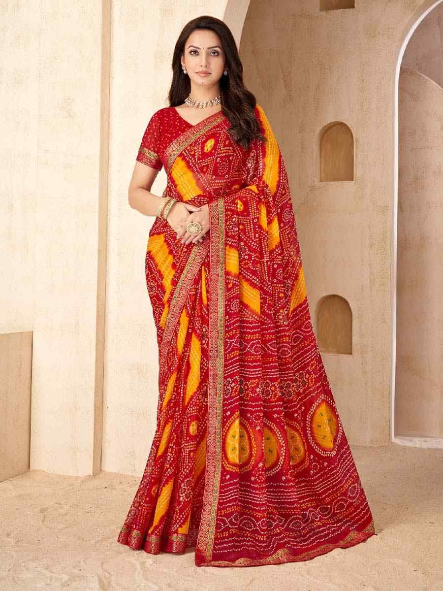 Multi Chiffon Printed Festival Wedding Fancy Heavy Border Saree