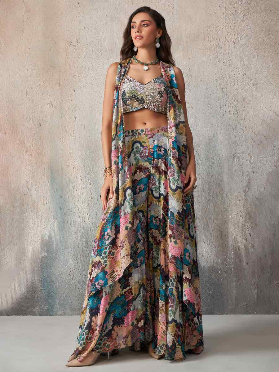 Multi Chinon Embroidered Mehendi Festival Circular Lehenga Choli