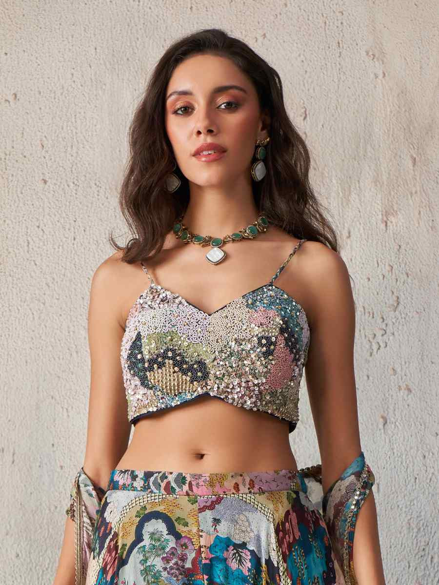 Multi Chinon Embroidered Mehendi Festival Circular Lehenga Choli