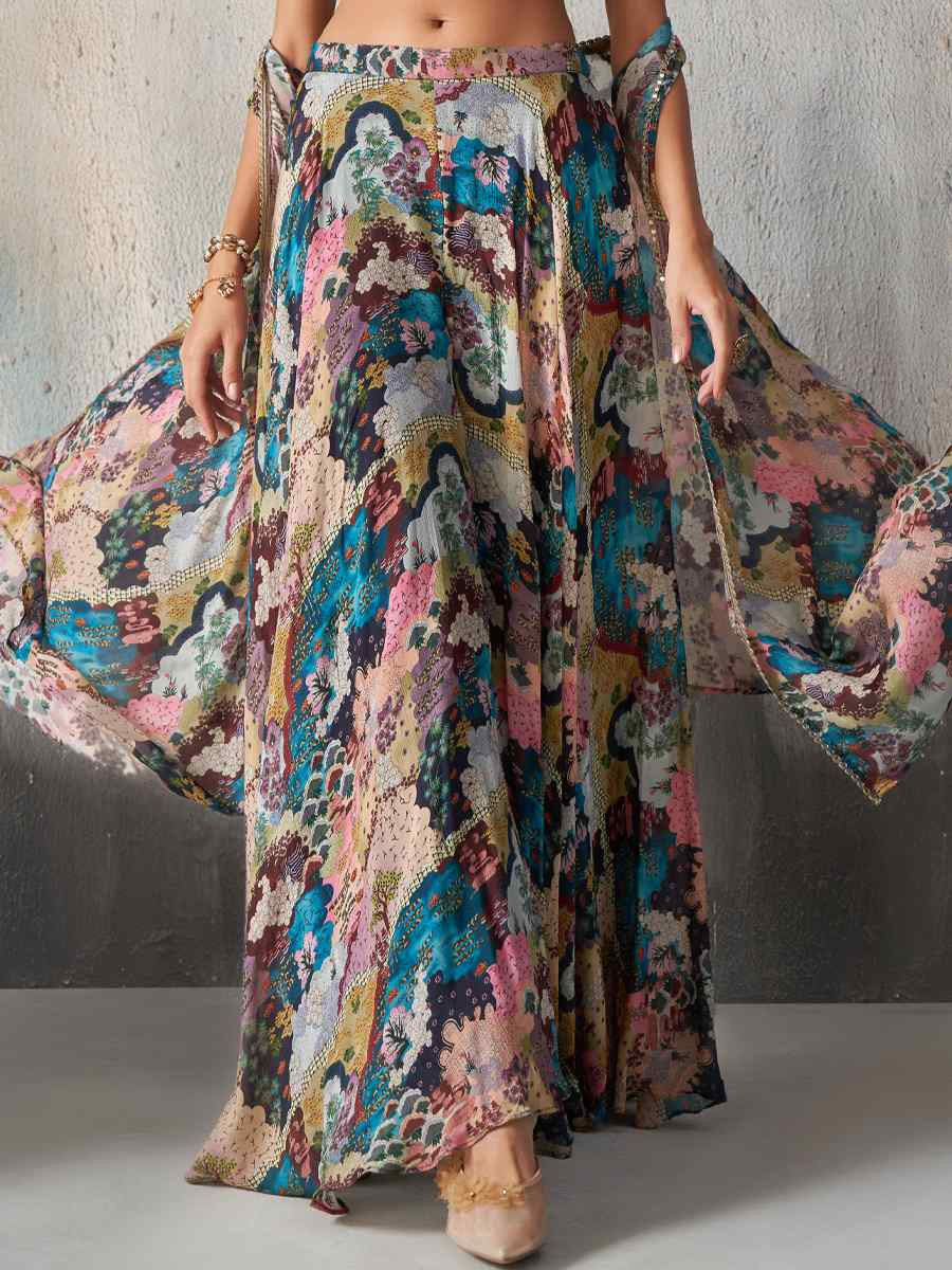 Multi Chinon Embroidered Mehendi Festival Circular Lehenga Choli