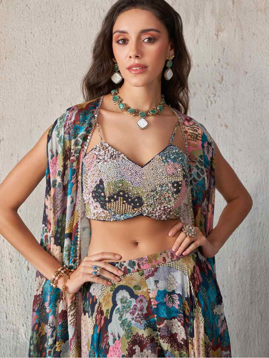 Multi Chinon Embroidered Mehendi Festival Circular Lehenga Choli