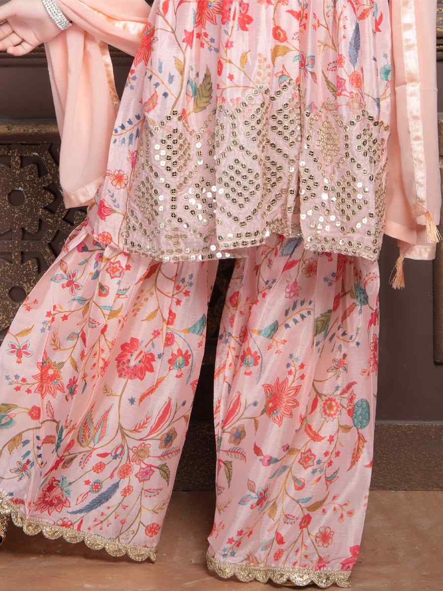 Multi Chinon Embroidered Wedding Festival Kurta Sharara Girls Wear