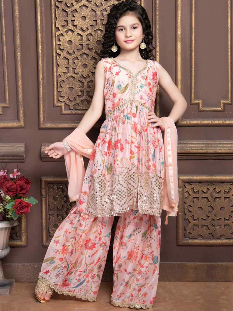 Multi Chinon Embroidered Wedding Festival Kurta Sharara Girls Wear