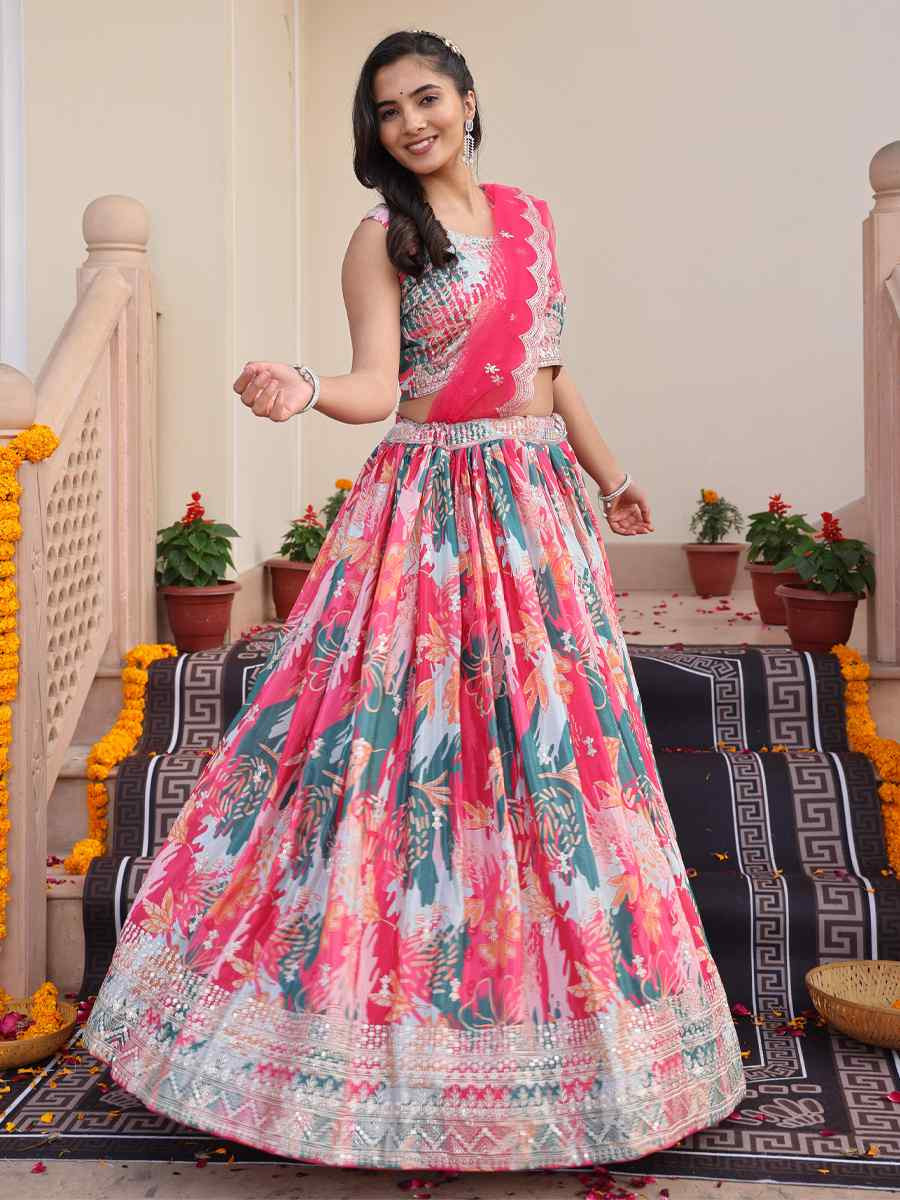 Multi Chinon Embroidered Wedding Reception Festival Heavy Border Lehenga Choli