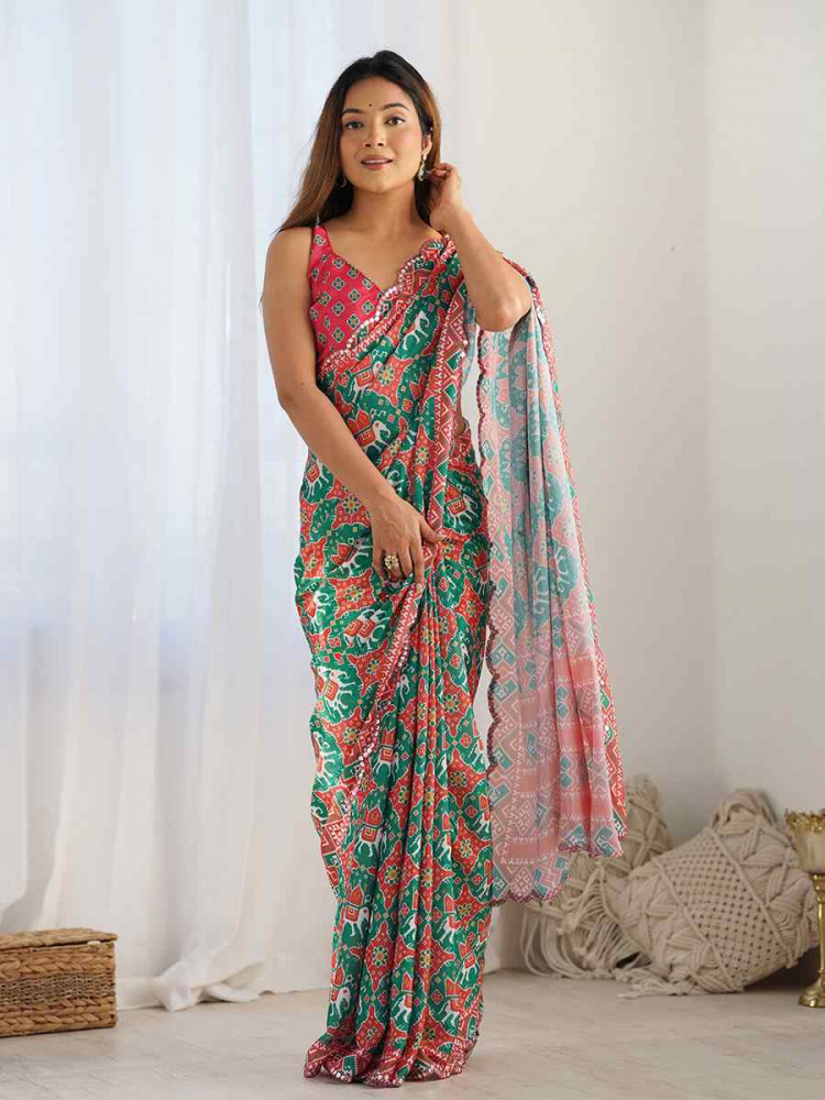 Multi Chinon Printed and Embroidered Festival Wedding Fancy Heavy Border Saree