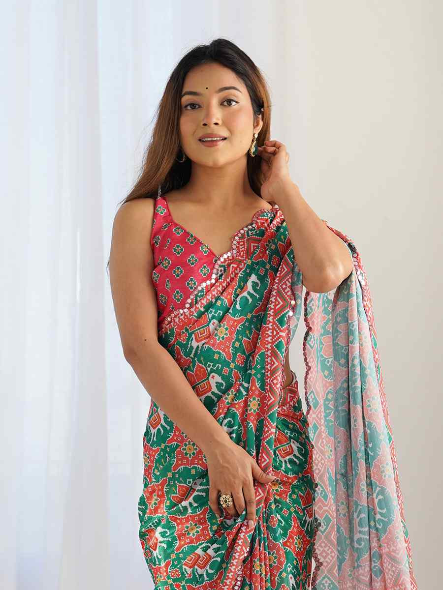 Multi Chinon Printed and Embroidered Festival Wedding Fancy Heavy Border Saree