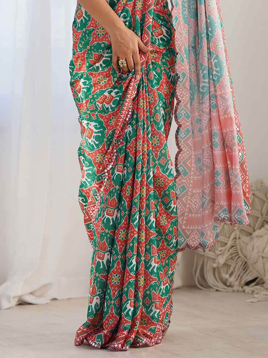 Multi Chinon Printed and Embroidered Festival Wedding Fancy Heavy Border Saree