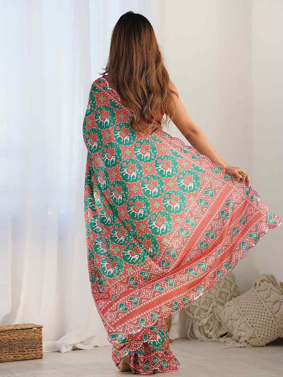 Multi Chinon Printed and Embroidered Festival Wedding Fancy Heavy Border Saree