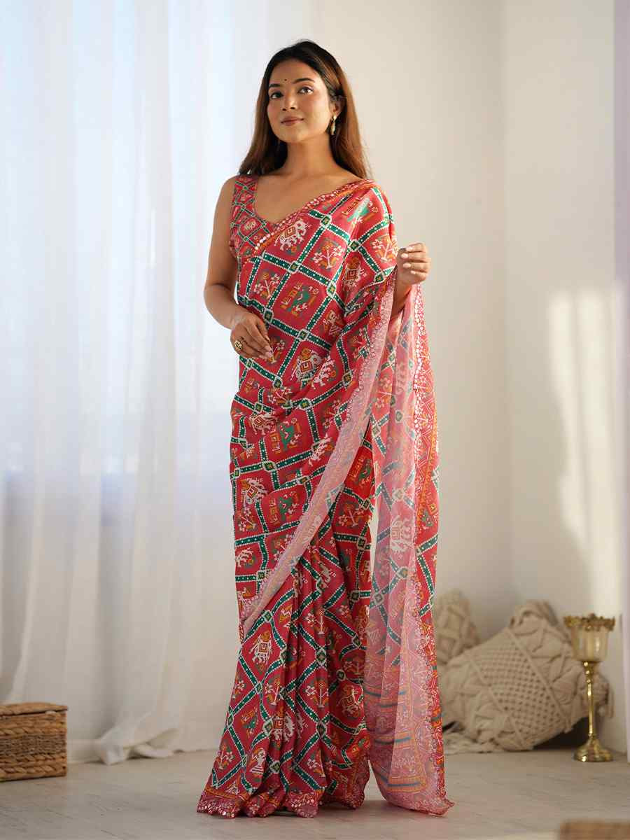 Multi Chinon Printed and Embroidered Festival Wedding Fancy Heavy Border Saree
