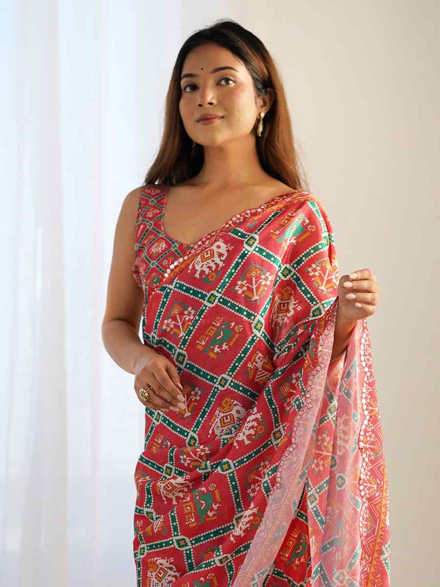 Multi Chinon Printed and Embroidered Festival Wedding Fancy Heavy Border Saree