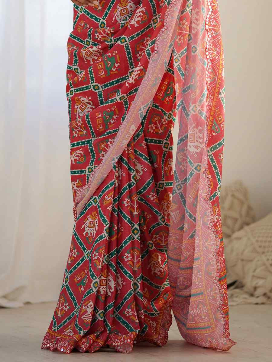 Multi Chinon Printed and Embroidered Festival Wedding Fancy Heavy Border Saree