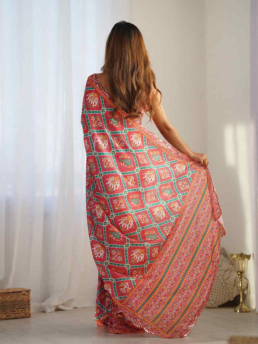 Multi Chinon Printed and Embroidered Festival Wedding Fancy Heavy Border Saree