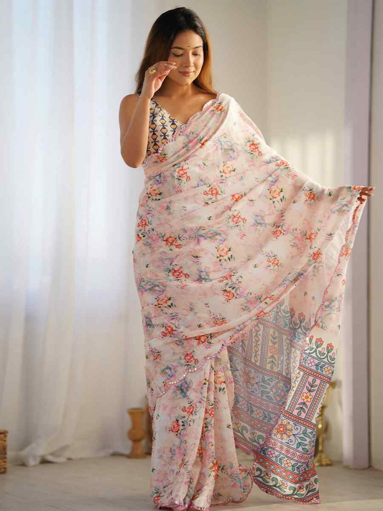 Multi Chinon Printed and Embroidered Festival Wedding Fancy Heavy Border Saree
