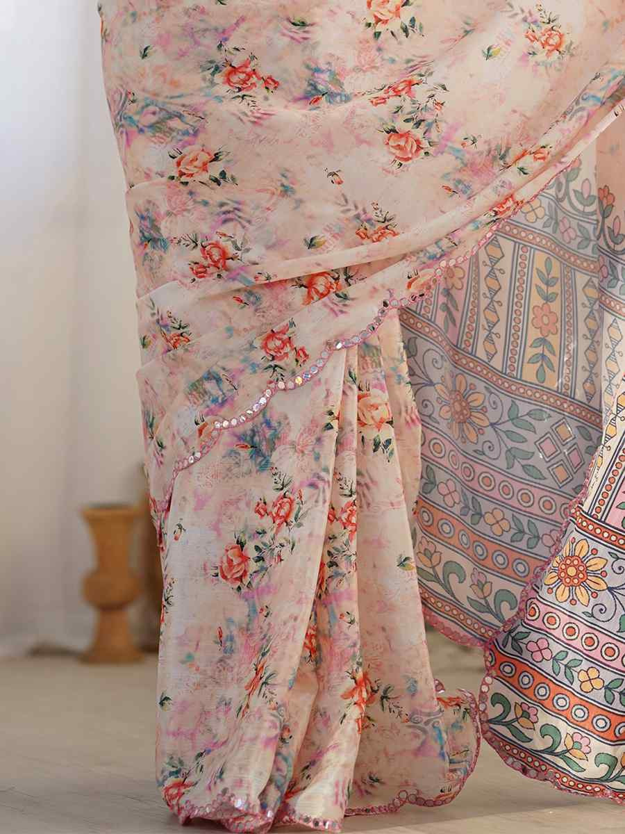 Multi Chinon Printed and Embroidered Festival Wedding Fancy Heavy Border Saree