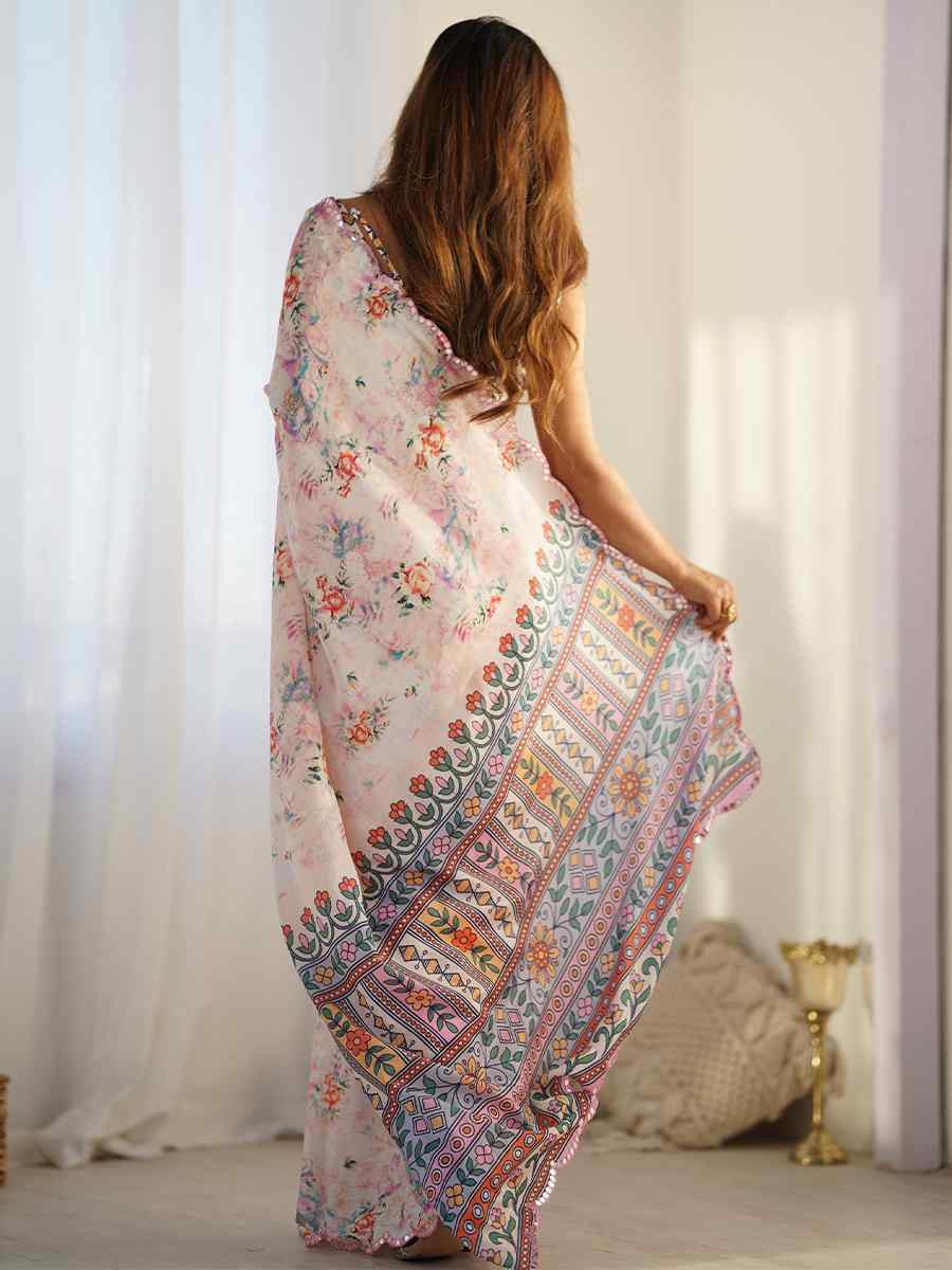 Multi Chinon Printed and Embroidered Festival Wedding Fancy Heavy Border Saree