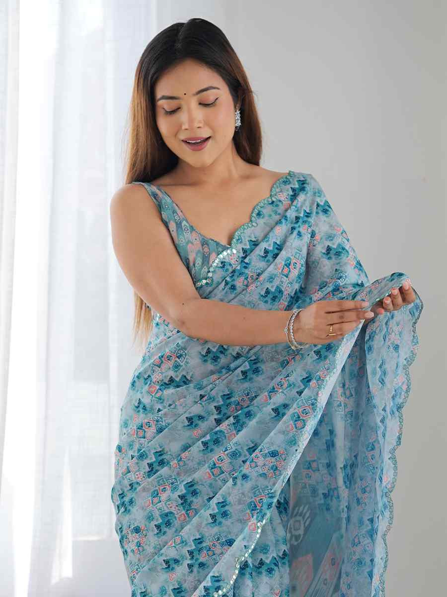 Multi Chinon Printed and Embroidered Festival Wedding Fancy Heavy Border Saree