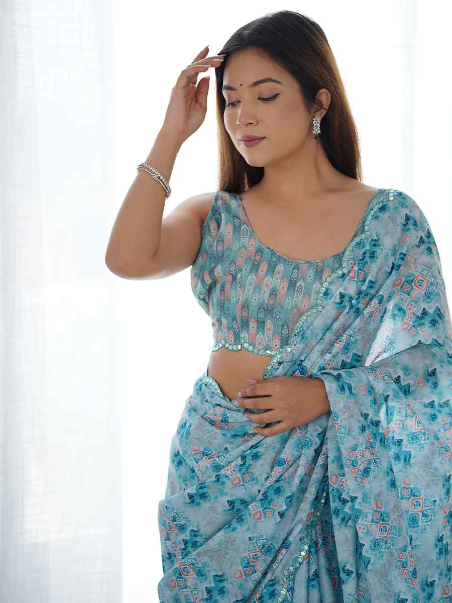 Multi Chinon Printed and Embroidered Festival Wedding Fancy Heavy Border Saree