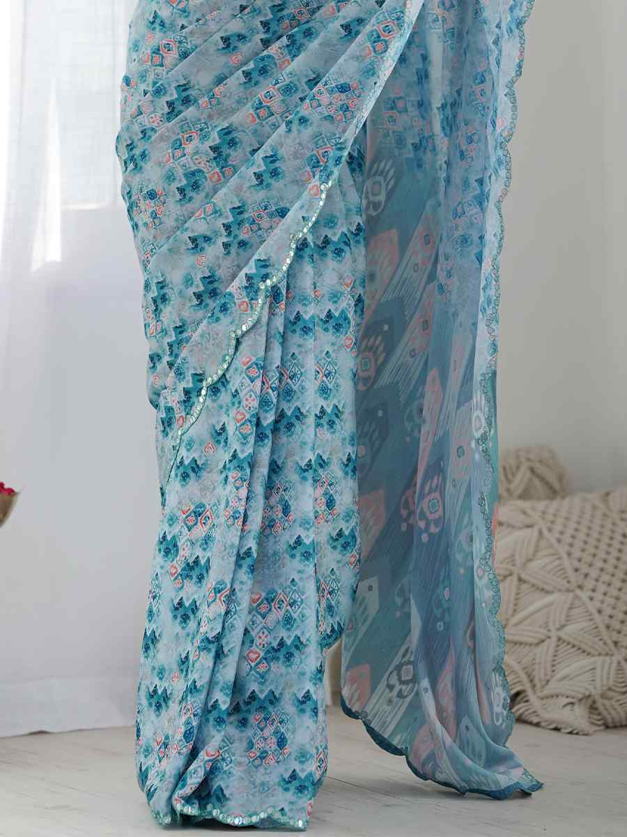 Multi Chinon Printed and Embroidered Festival Wedding Fancy Heavy Border Saree