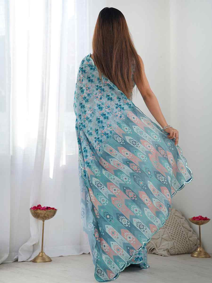 Multi Chinon Printed and Embroidered Festival Wedding Fancy Heavy Border Saree