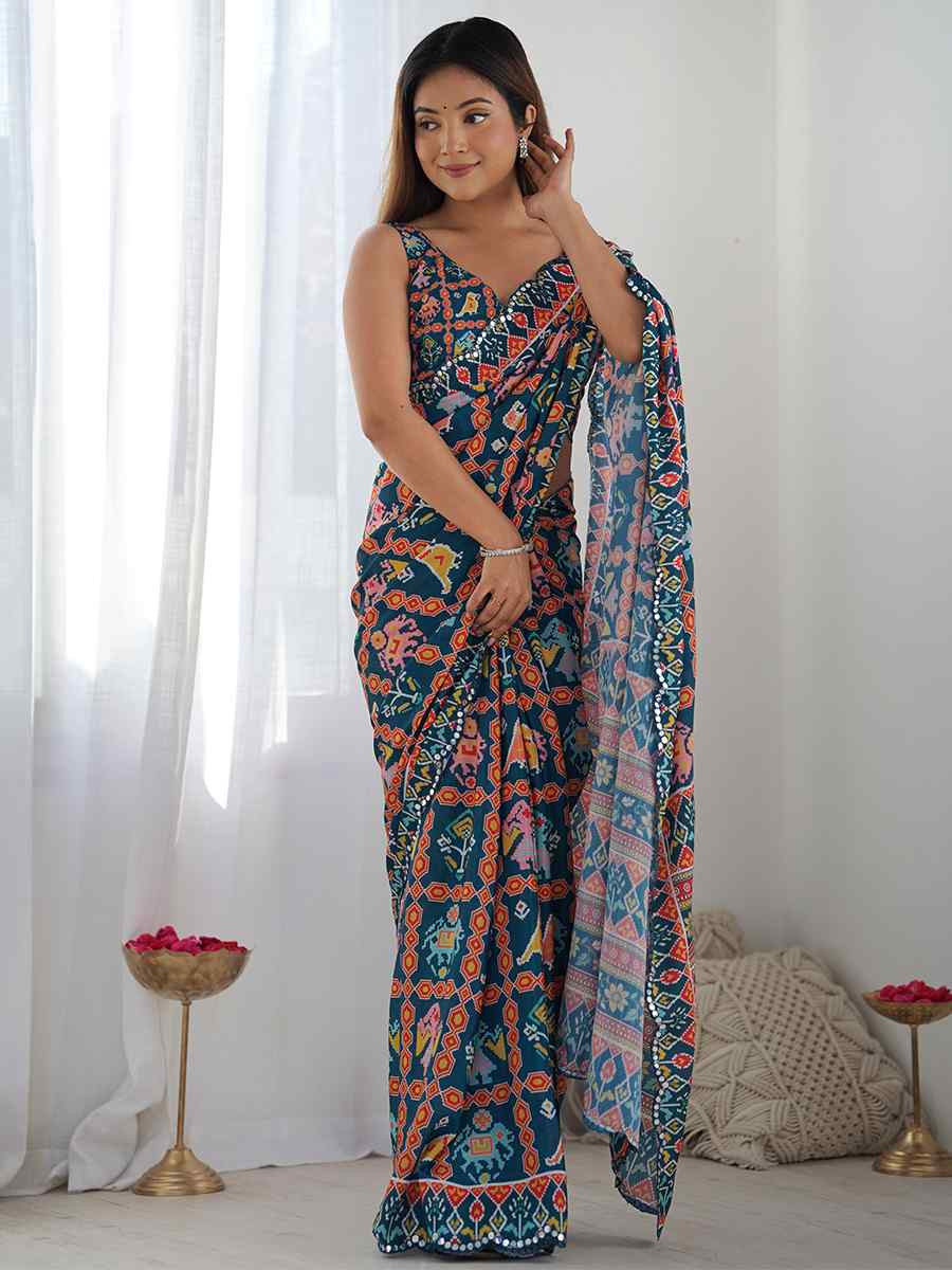 Multi Chinon Printed and Embroidered Festival Wedding Fancy Heavy Border Saree