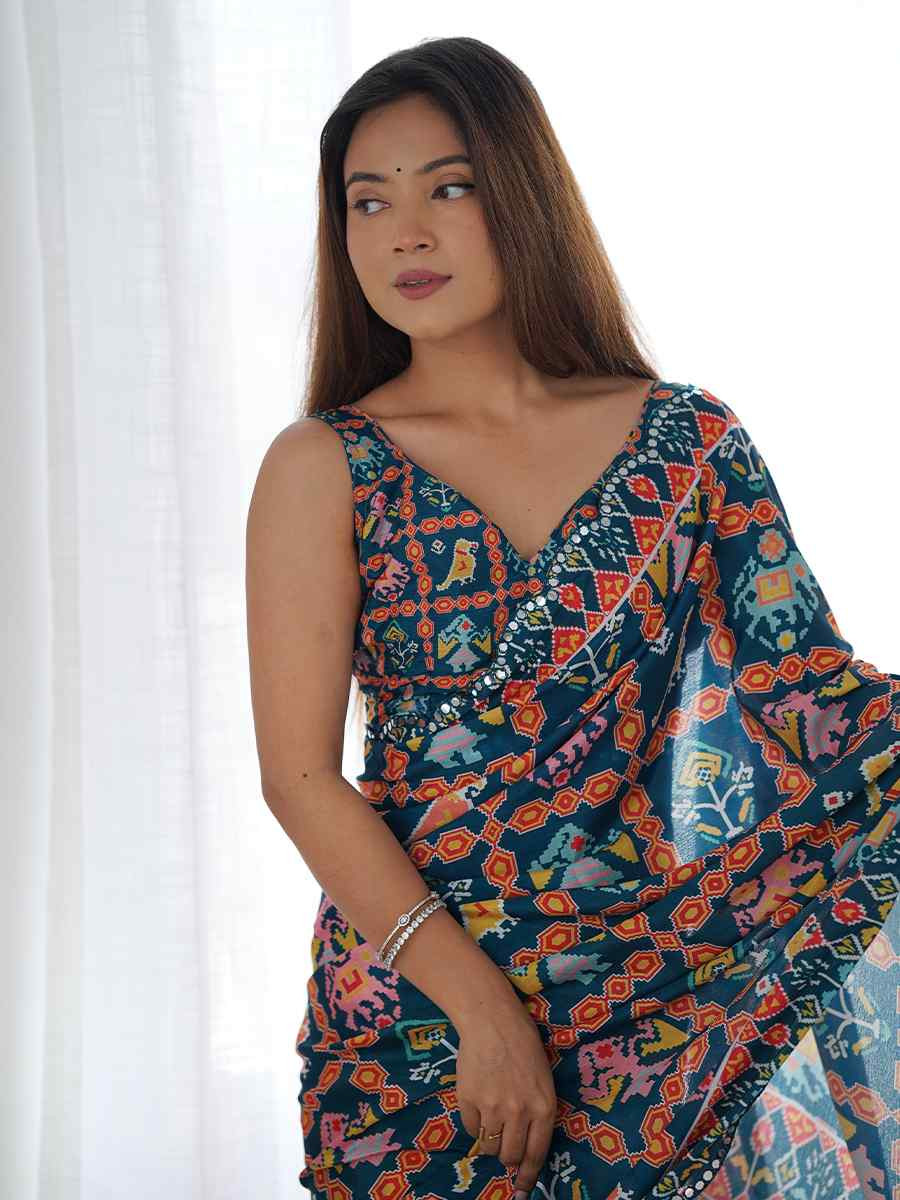 Multi Chinon Printed and Embroidered Festival Wedding Fancy Heavy Border Saree