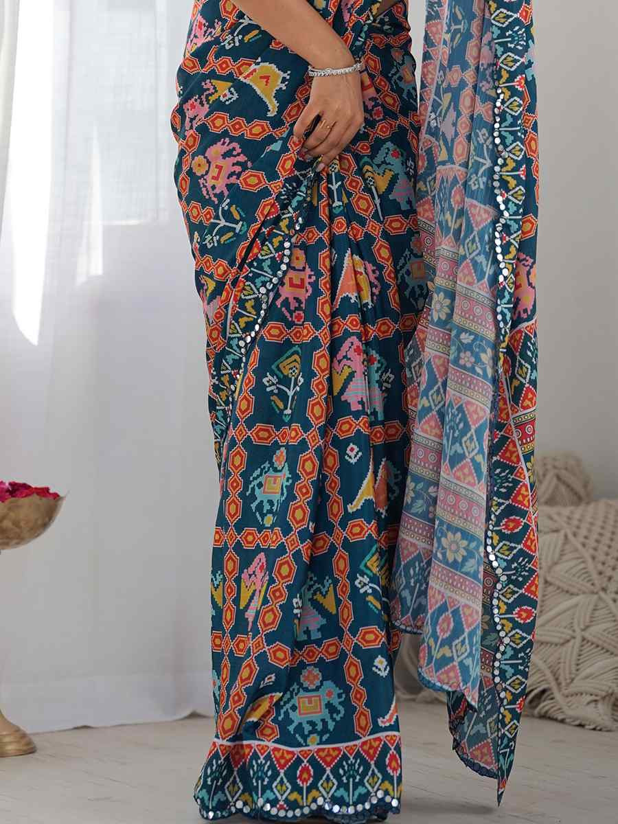 Multi Chinon Printed and Embroidered Festival Wedding Fancy Heavy Border Saree