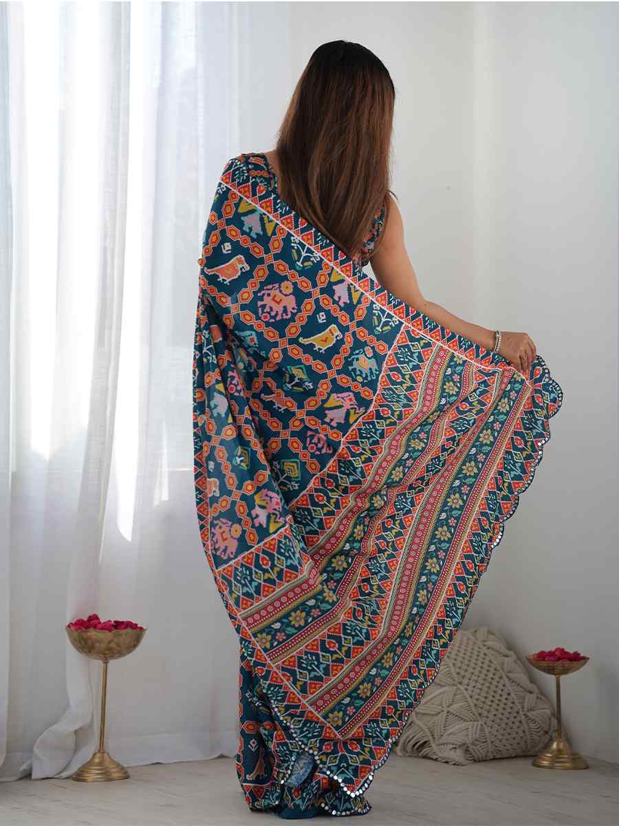 Multi Chinon Printed and Embroidered Festival Wedding Fancy Heavy Border Saree