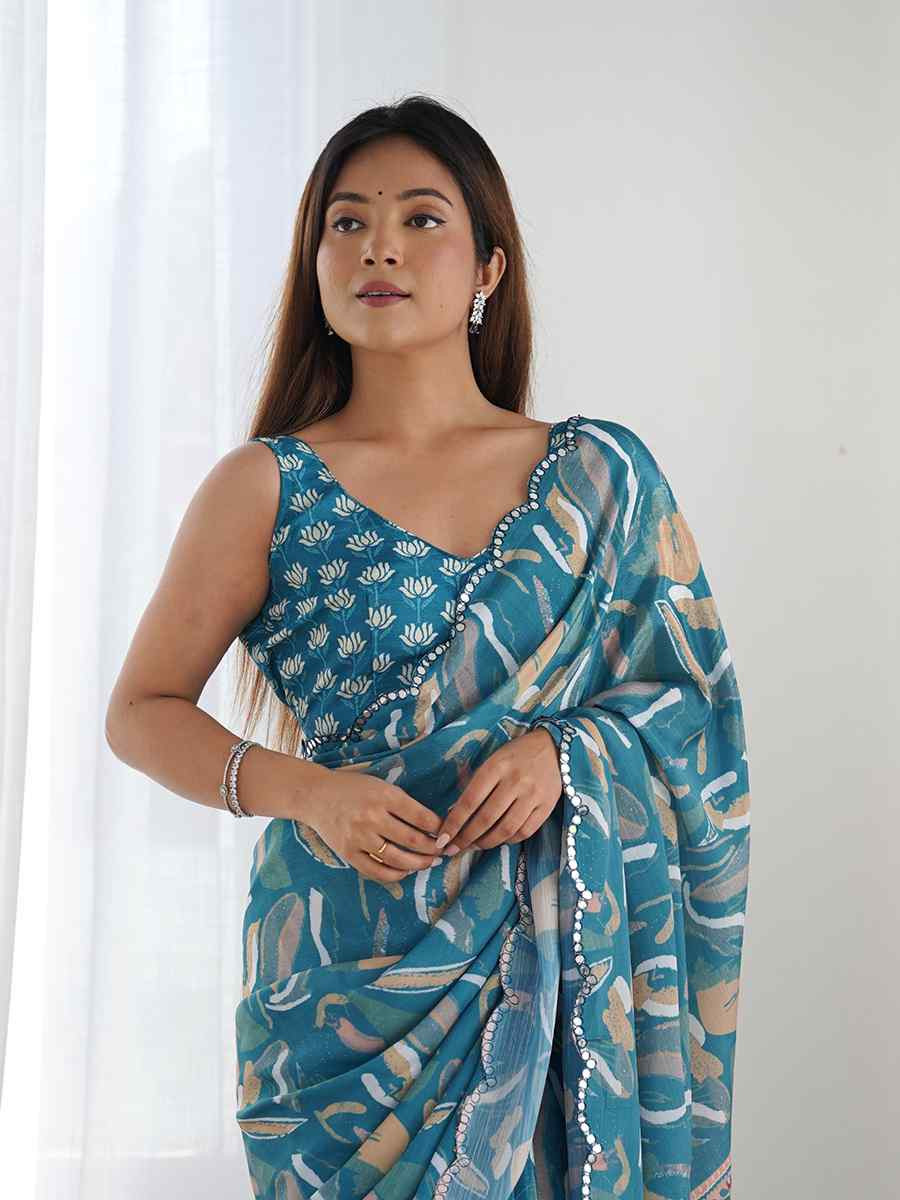 Multi Chinon Printed and Embroidered Festival Wedding Fancy Heavy Border Saree