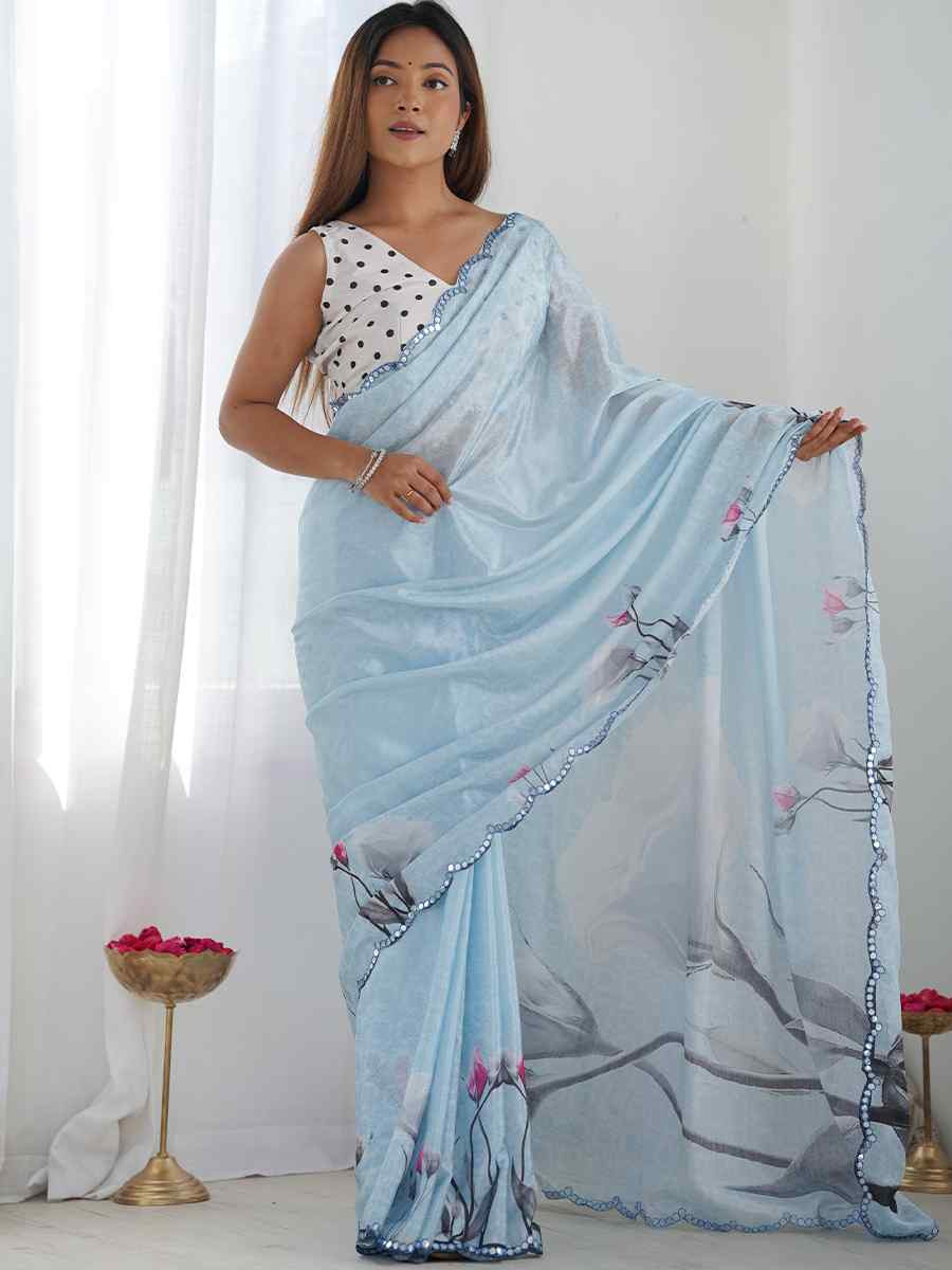 Multi Chinon Printed and Embroidered Festival Wedding Fancy Heavy Border Saree