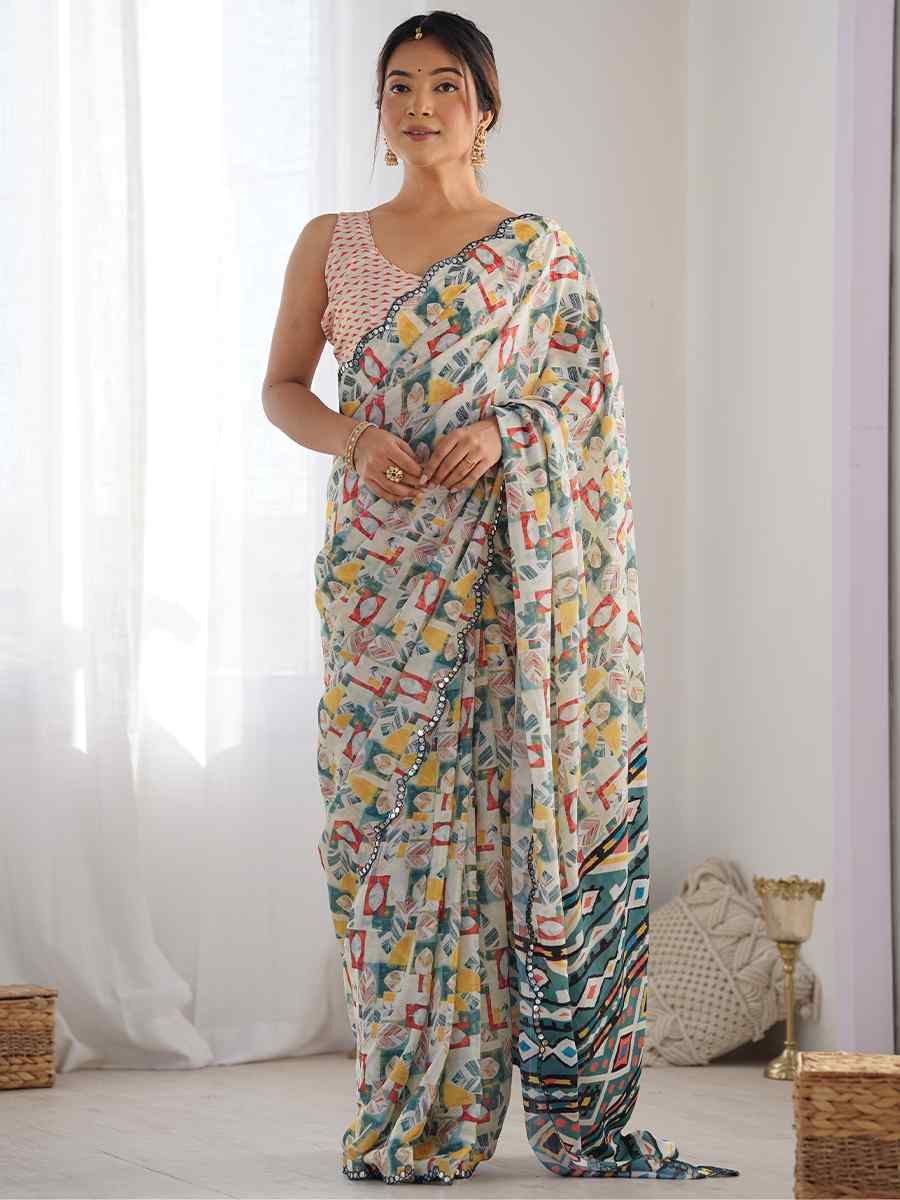 Multi Chinon Printed and Embroidered Festival Wedding Fancy Heavy Border Saree