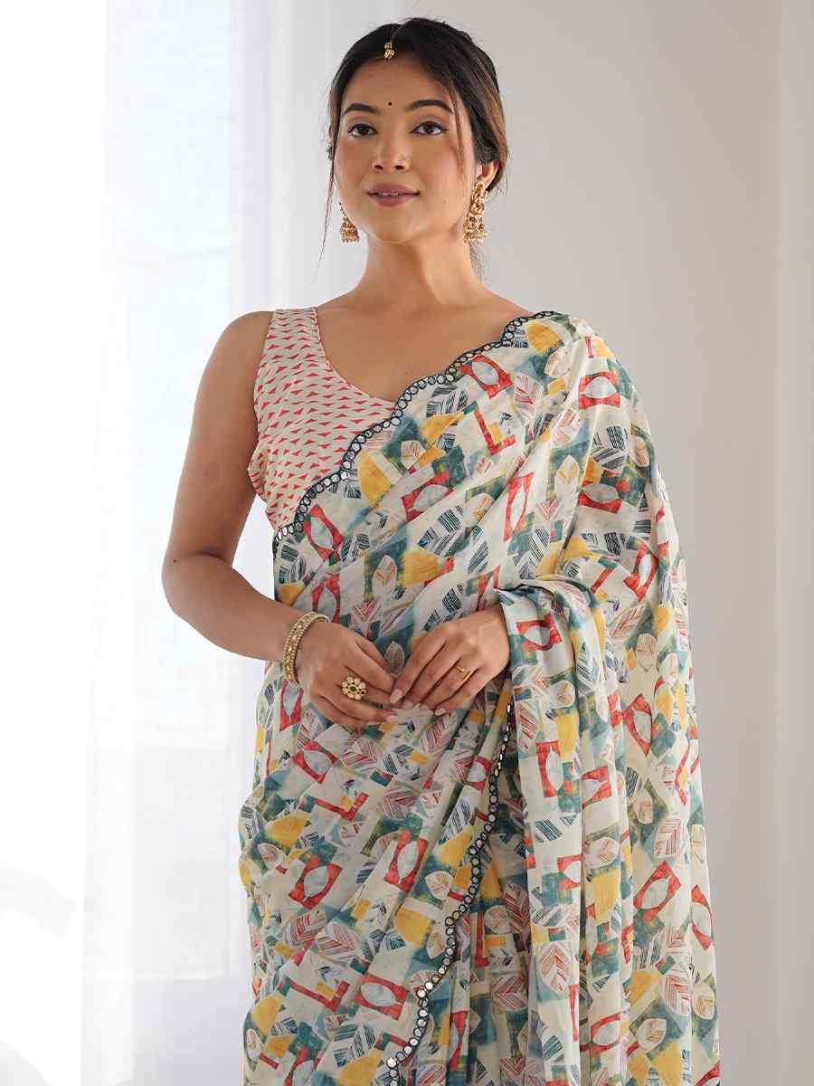 Multi Chinon Printed and Embroidered Festival Wedding Fancy Heavy Border Saree