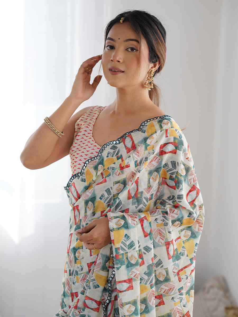 Multi Chinon Printed and Embroidered Festival Wedding Fancy Heavy Border Saree