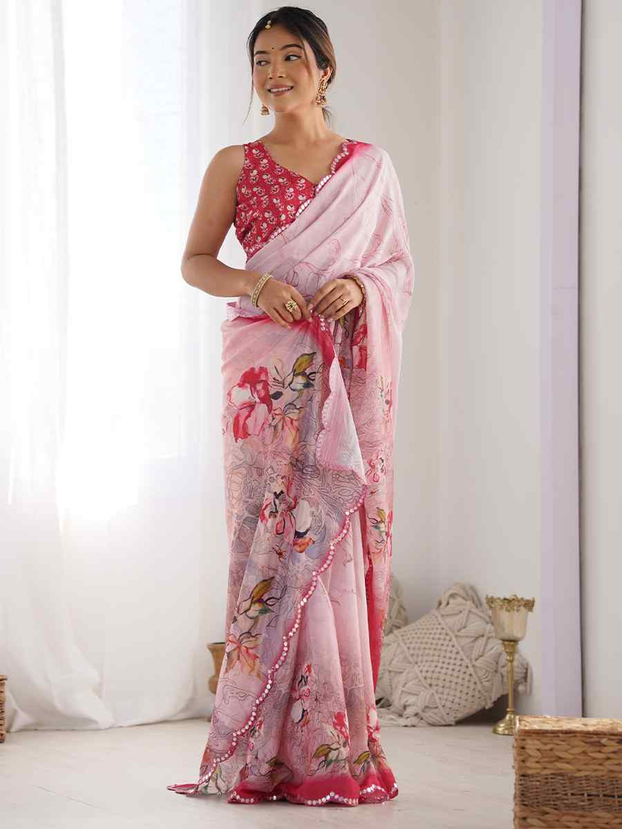 Multi Chinon Printed and Embroidered Festival Wedding Fancy Heavy Border Saree