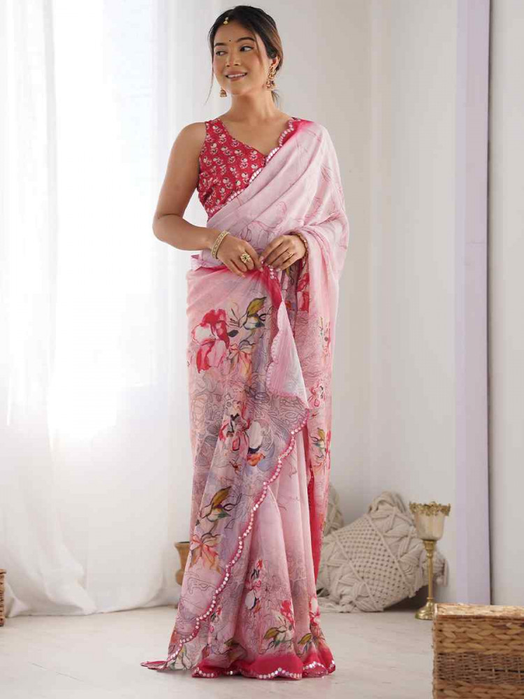 Multi Chinon Printed and Embroidered Festival Wedding Fancy Heavy Border Saree