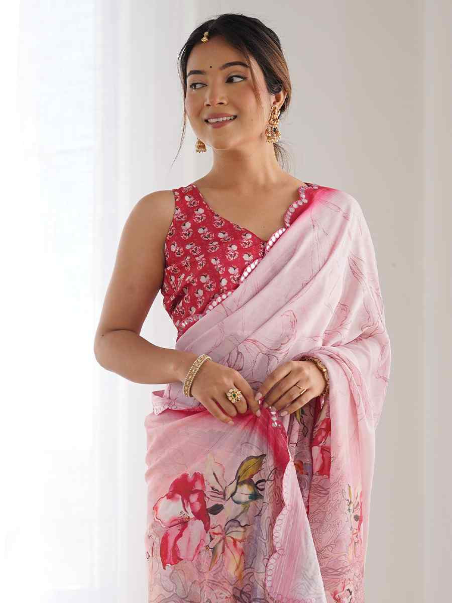 Multi Chinon Printed and Embroidered Festival Wedding Fancy Heavy Border Saree