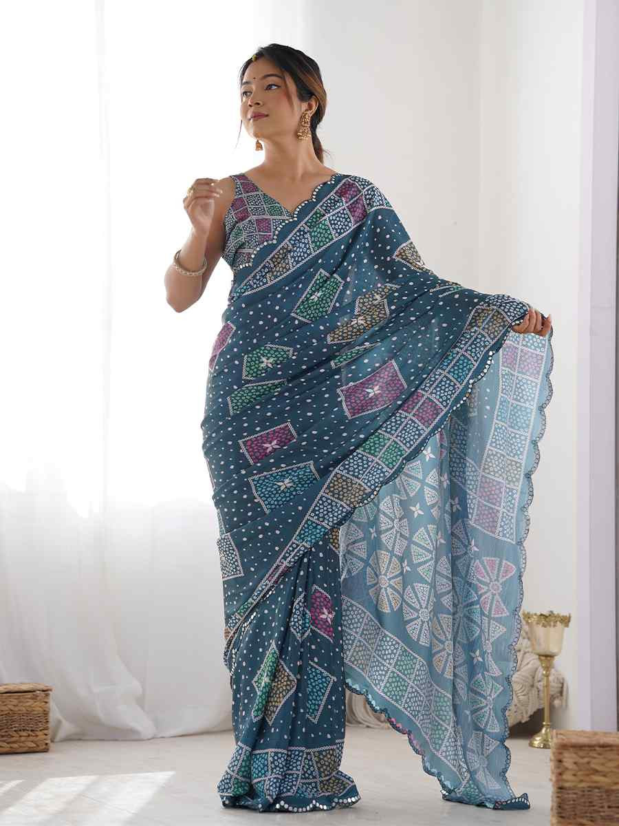 Multi Chinon Printed and Embroidered Festival Wedding Fancy Heavy Border Saree