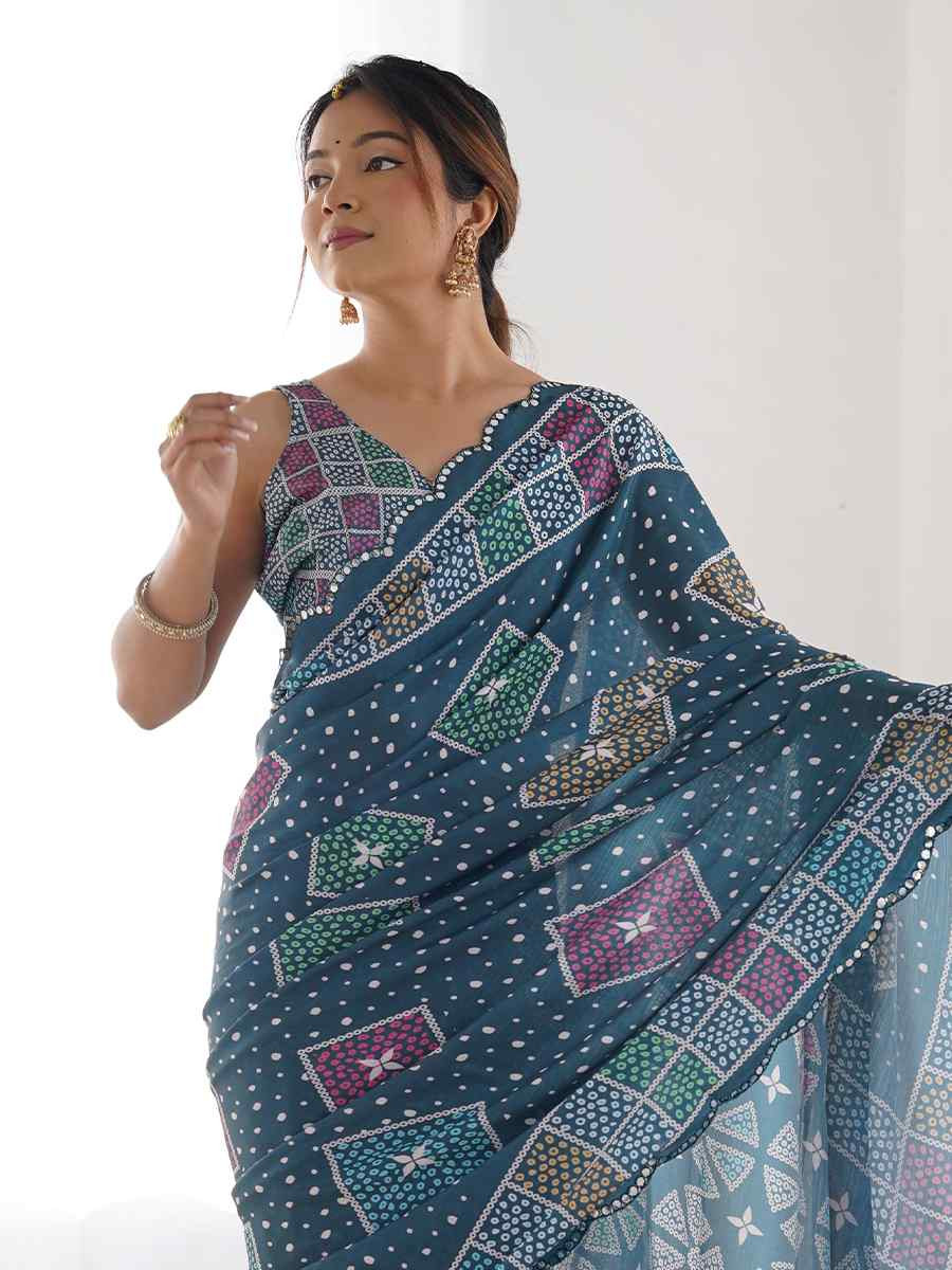 Multi Chinon Printed and Embroidered Festival Wedding Fancy Heavy Border Saree