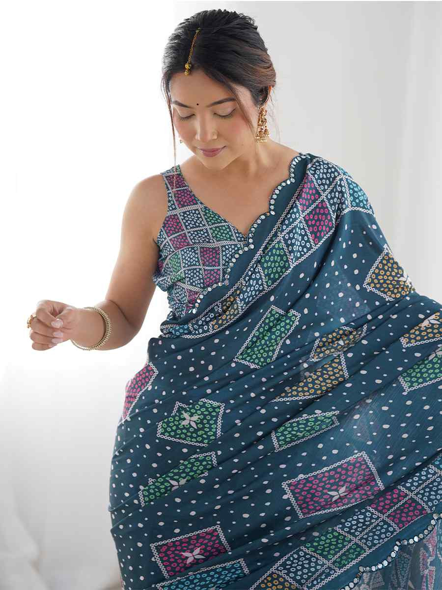 Multi Chinon Printed and Embroidered Festival Wedding Fancy Heavy Border Saree