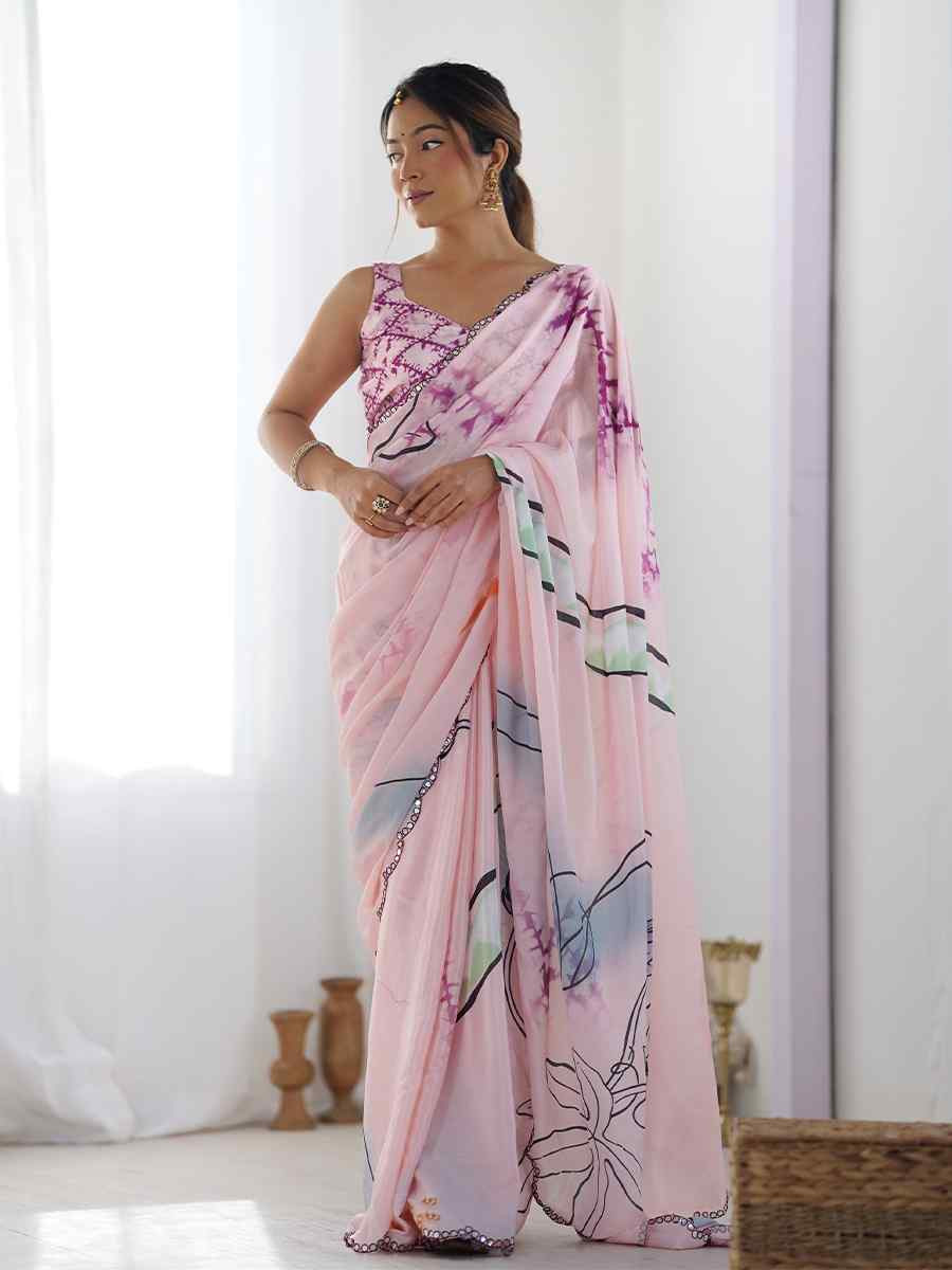 Multi Chinon Printed and Embroidered Festival Wedding Fancy Heavy Border Saree