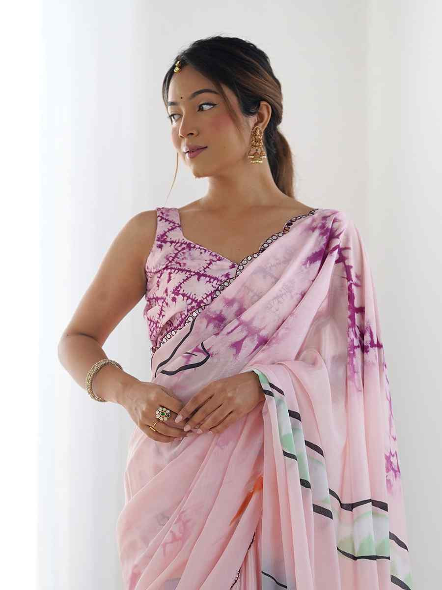 Multi Chinon Printed and Embroidered Festival Wedding Fancy Heavy Border Saree