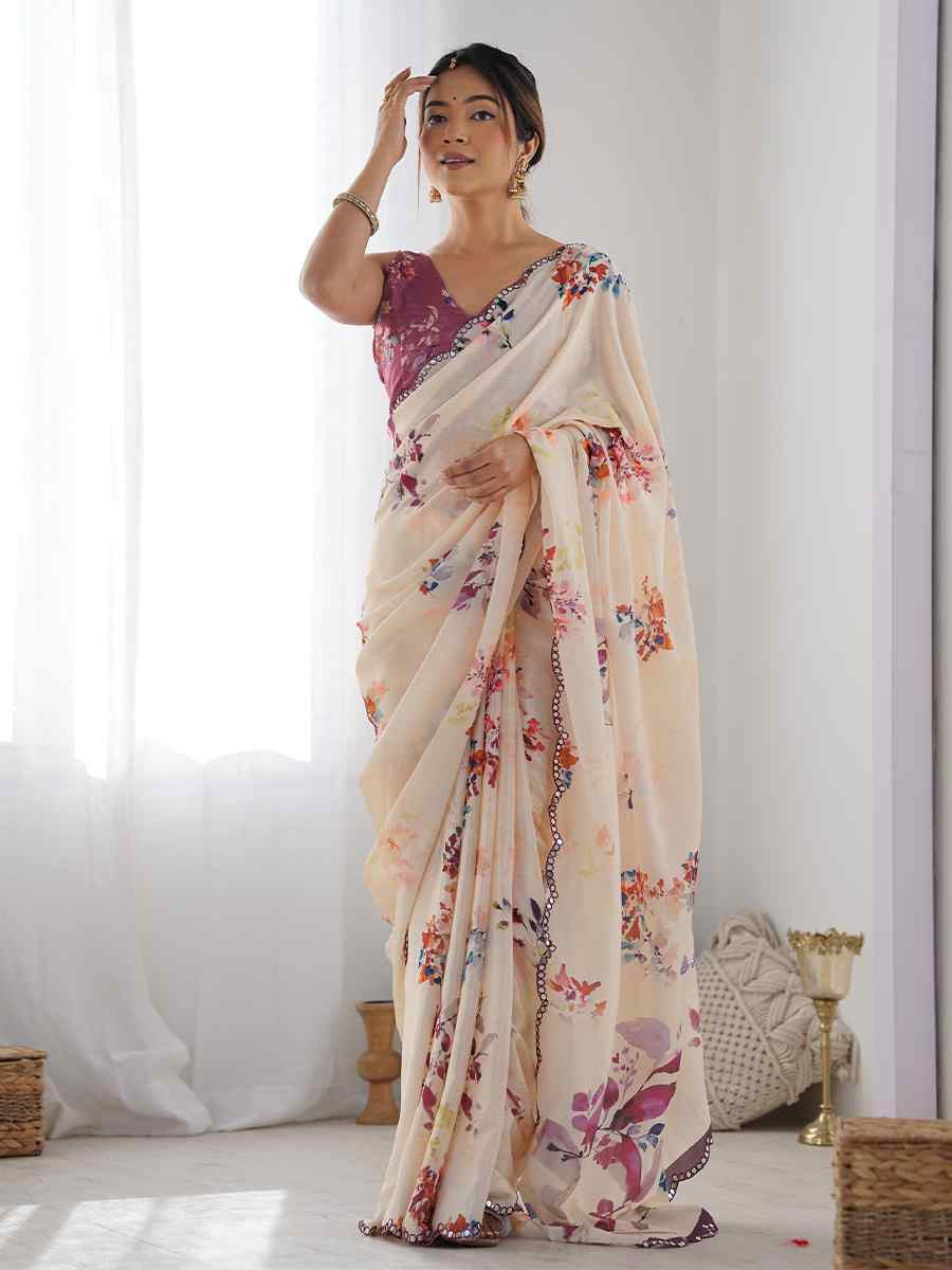 Multi Chinon Printed and Embroidered Festival Wedding Fancy Heavy Border Saree