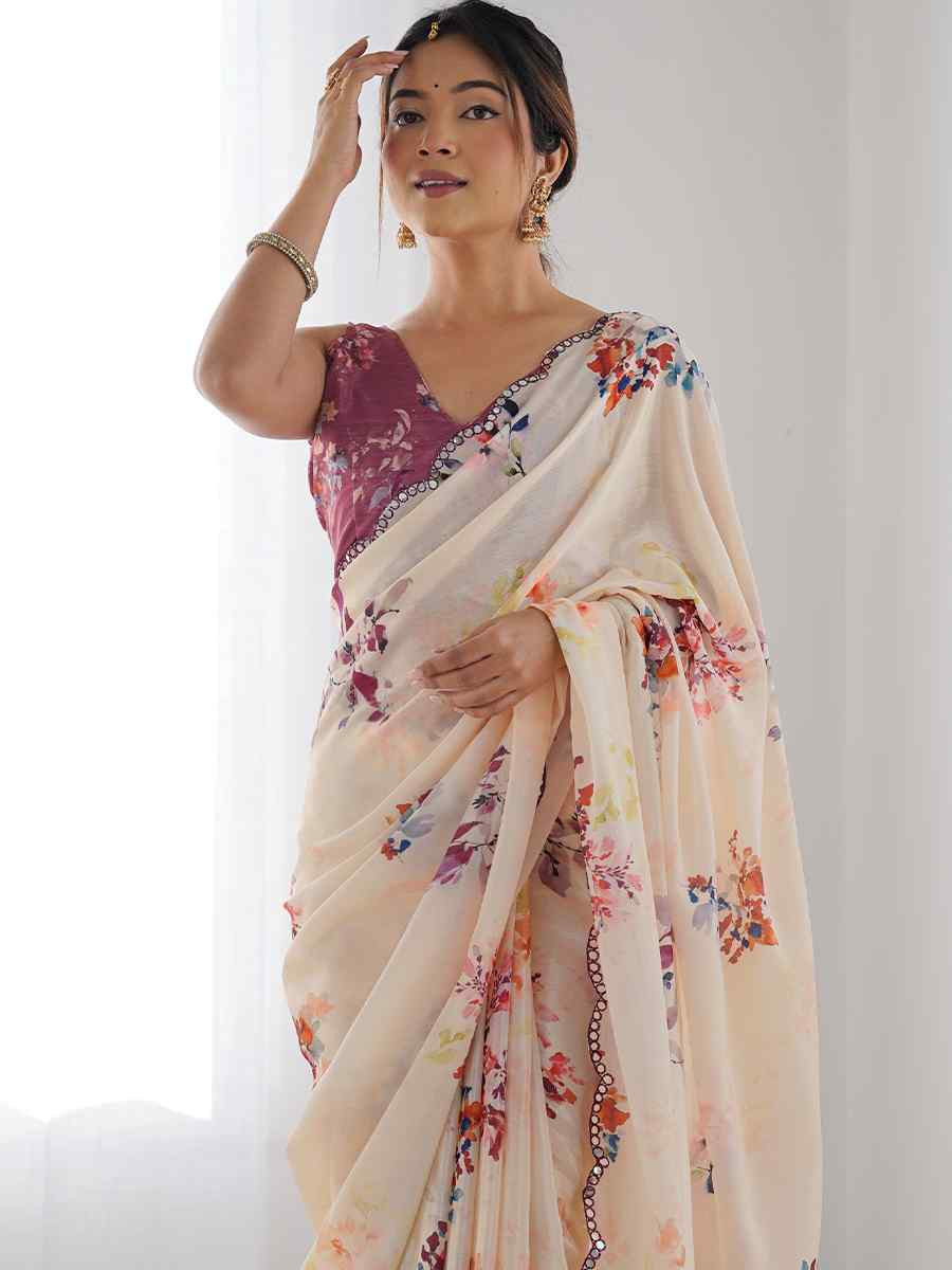 Multi Chinon Printed and Embroidered Festival Wedding Fancy Heavy Border Saree