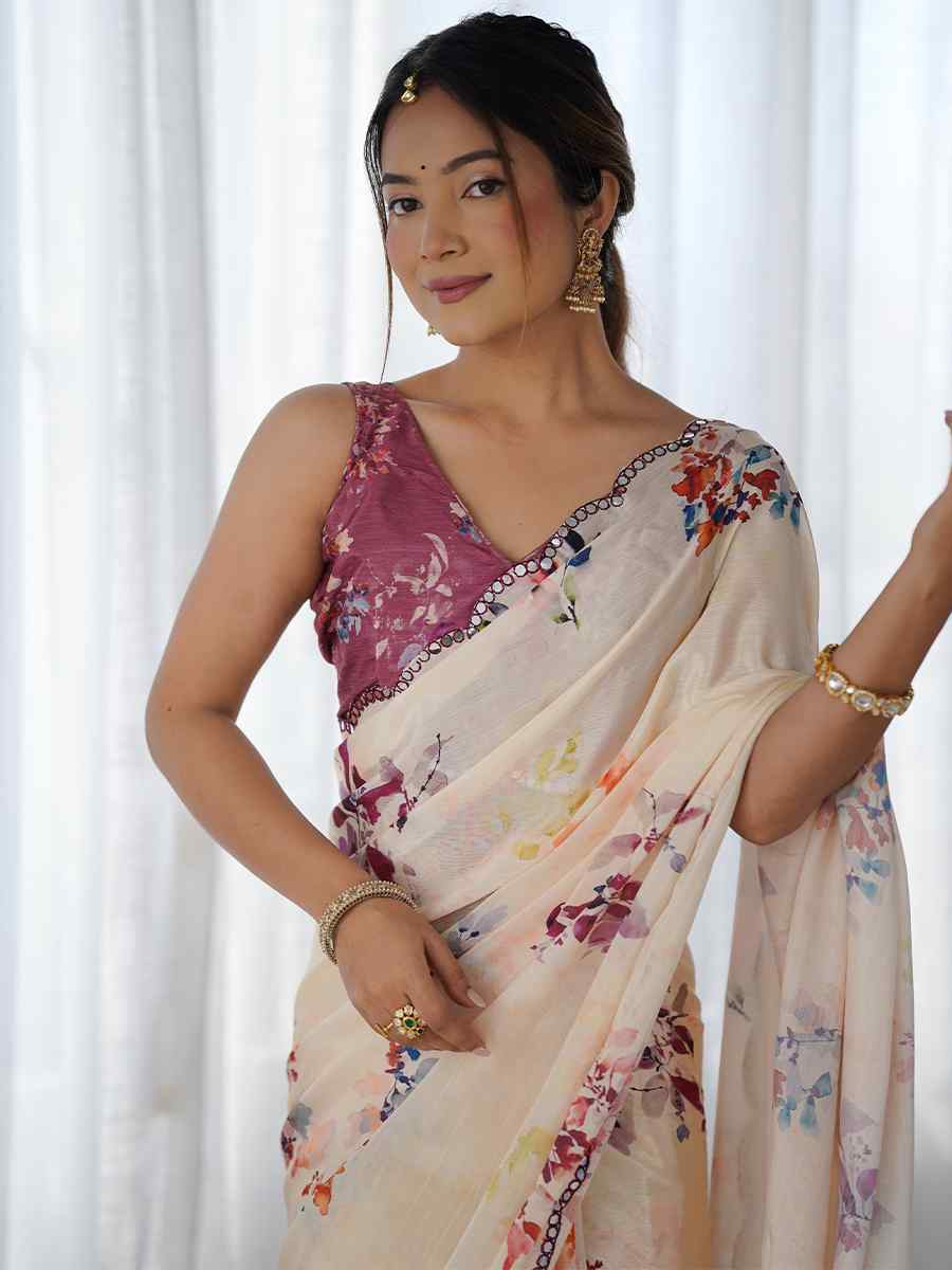 Multi Chinon Printed and Embroidered Festival Wedding Fancy Heavy Border Saree