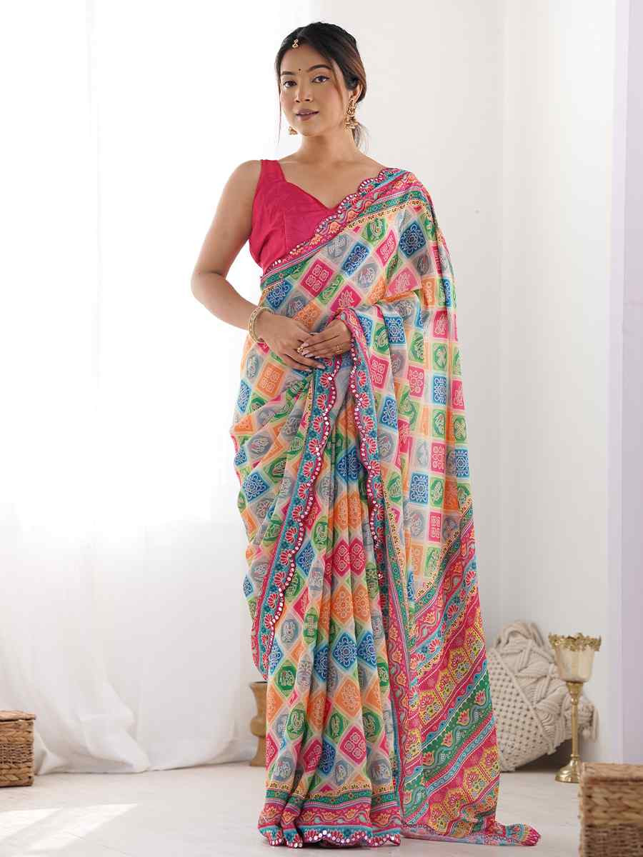 Multi Chinon Printed and Embroidered Festival Wedding Fancy Heavy Border Saree