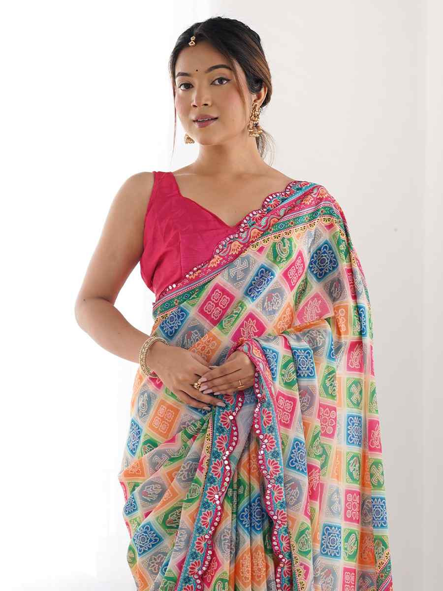 Multi Chinon Printed and Embroidered Festival Wedding Fancy Heavy Border Saree