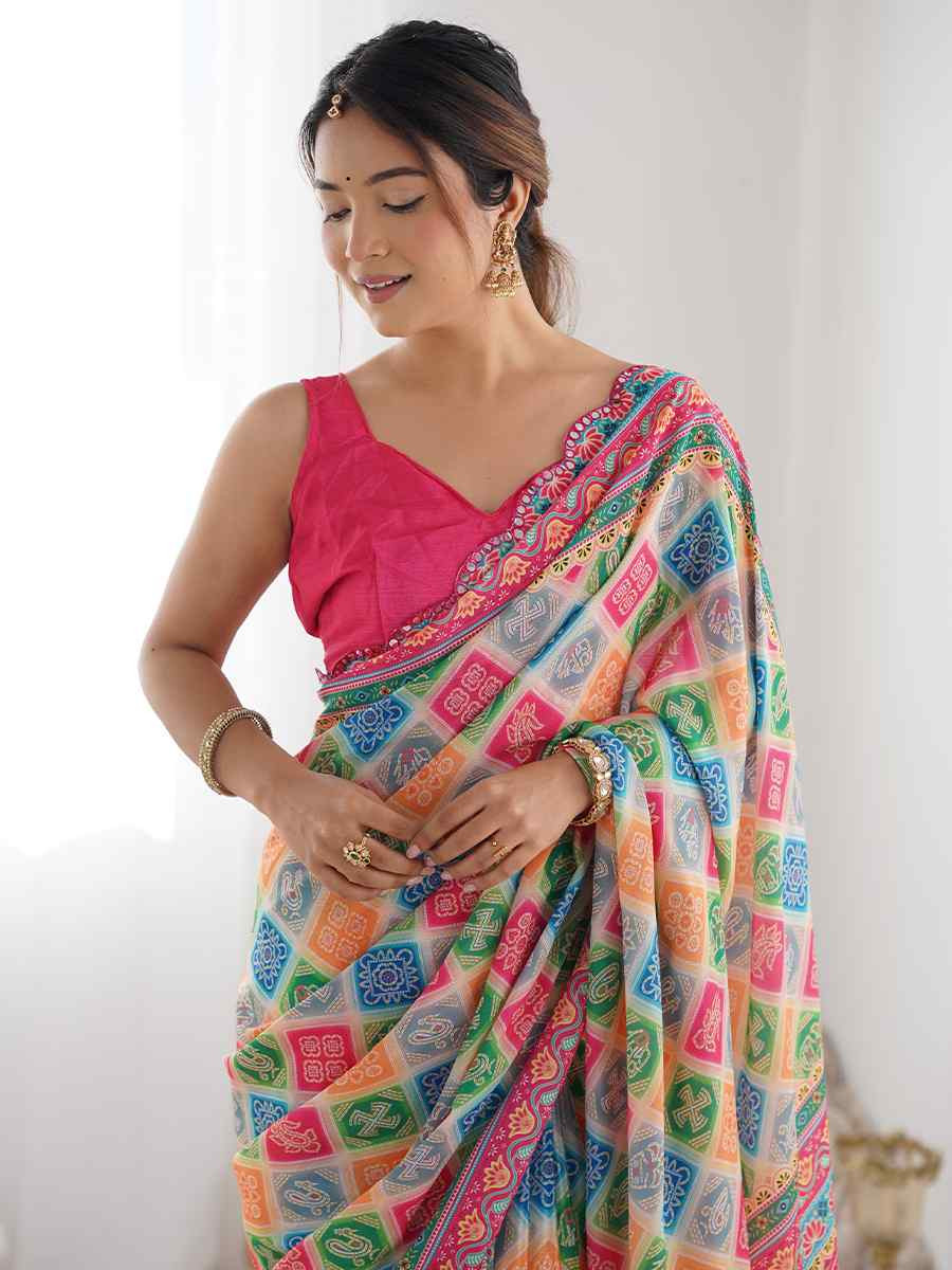 Multi Chinon Printed and Embroidered Festival Wedding Fancy Heavy Border Saree